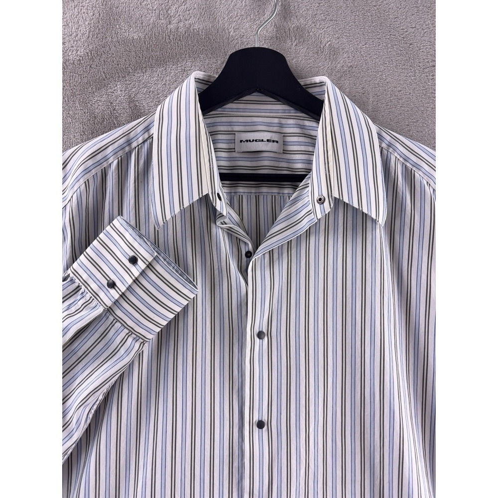 Mugler Dress Shirt Mens Size 44 White Striped French Cuff Button Down Luxury